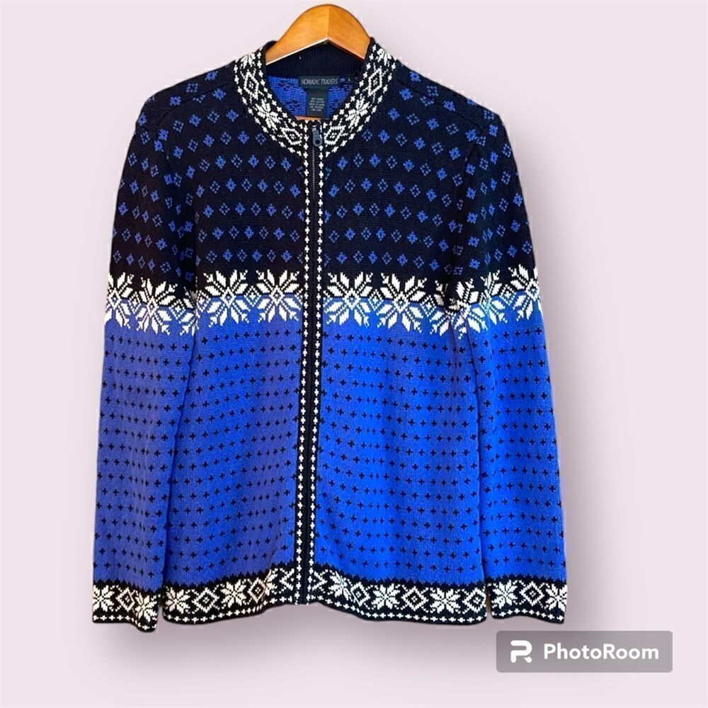 NOMADIC TRADERS Fair Isle Snowflake Zip Up Cardigan